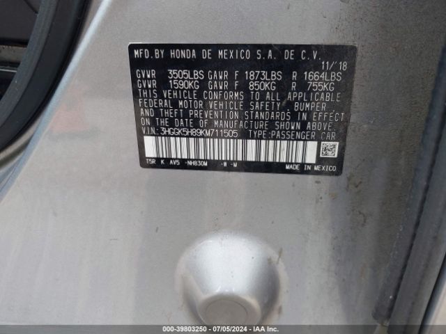 3HGGK5H89KM711505 Honda FIT EX