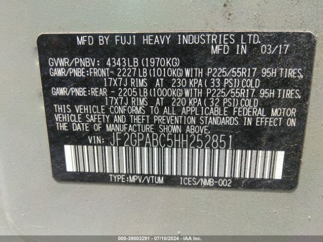 JF2GPABC5HH252851 Subaru Crosstrek 2.0i Premium