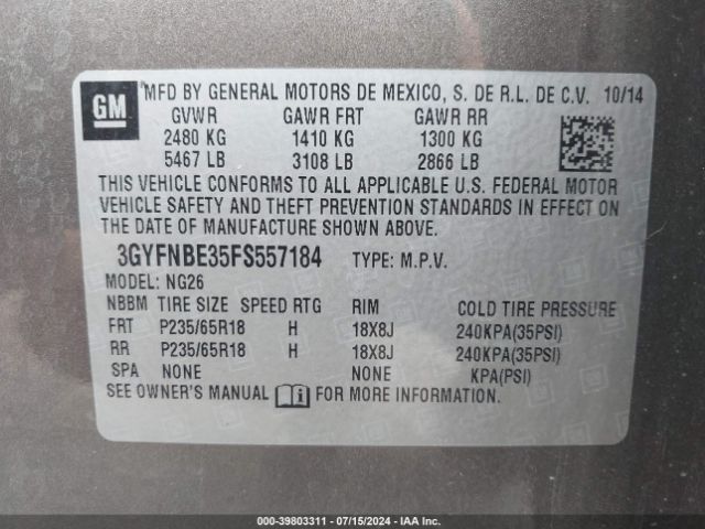 3GYFNBE35FS557184 Cadillac Srx Luxury Collection