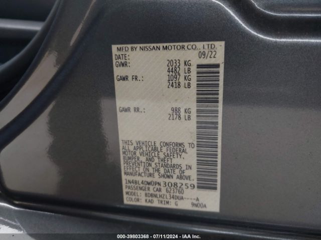 1N4BL4DW0PN308259 Nissan Altima Sv Intelligent Awd