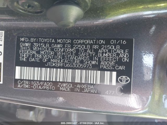 JTDKBRFU6G3005973 Toyota Prius Two