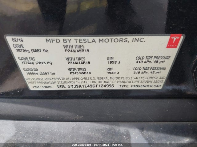 Tesla Model S 90d/p100d/p85d/p90d 2016 5YJSA1E49GF124996 Image 9