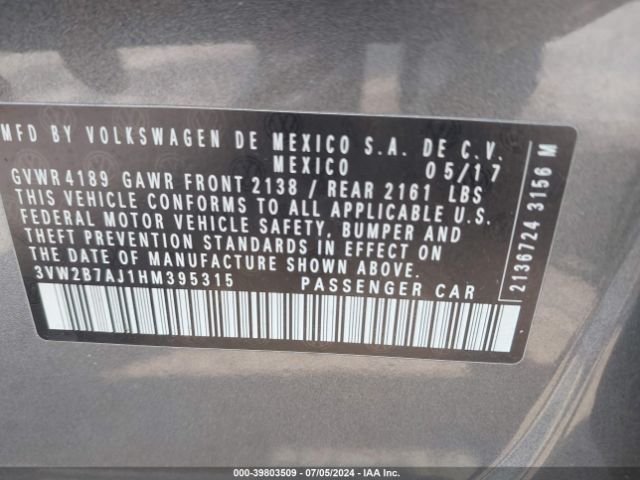 3VW2B7AJ1HM395315 Volkswagen Jetta 1.4t S