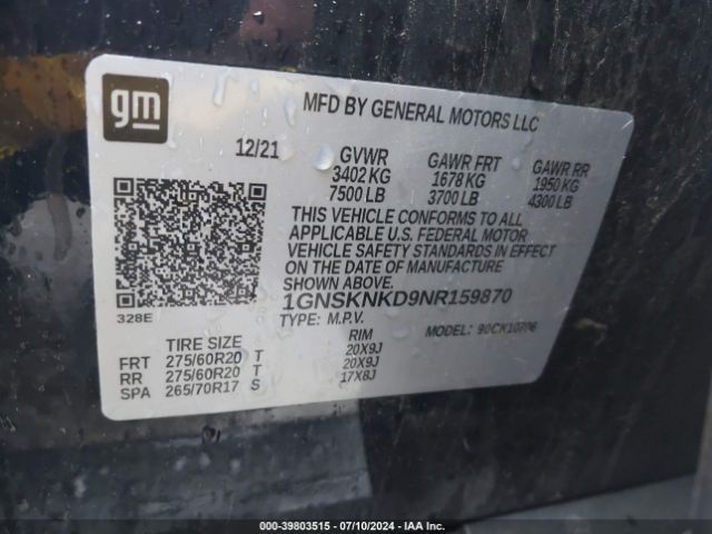 1GNSKNKD9NR159870 Chevrolet Tahoe 4wd Lt