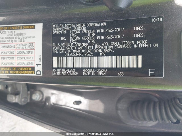 Toyota 4runner Sr5 Premium 2019 JTEZU5JR4K5198623 Image 9