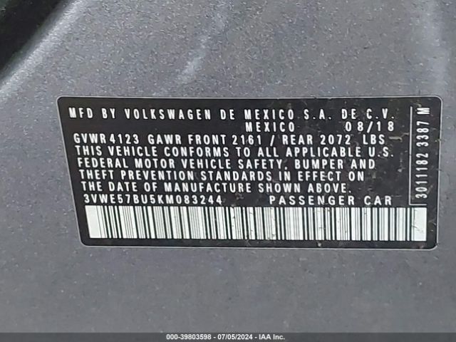 3VWE57BU5KM083244 Volkswagen Jetta 1.4t Sel