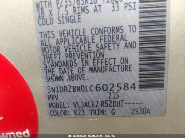 5N1DR2BN0LC602584 Nissan Pathfinder Sv 2wd