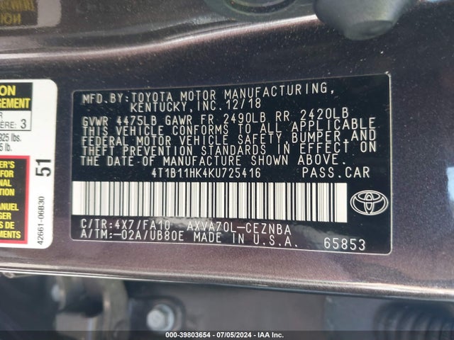 Toyota CAMRY LE 2019 4T1B11HK4KU725416 Image 9