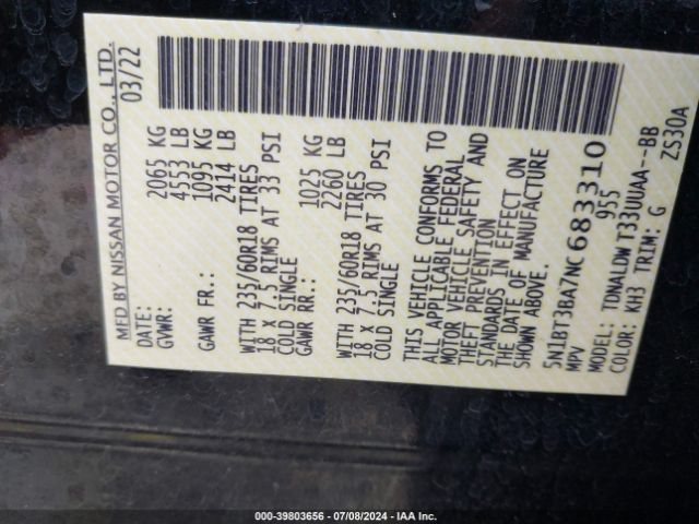 5N1BT3BA7NC683310 Nissan Rogue Sv Fwd