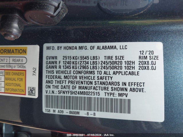 Honda Pilot 2wd Special Edition 2021 5FNYF5H24MB022515 Image 9