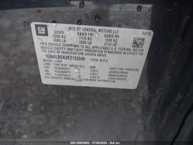 Chevrolet EQUINOX 1LT 2015 1GNALBEK0FZ132849 Image 9
