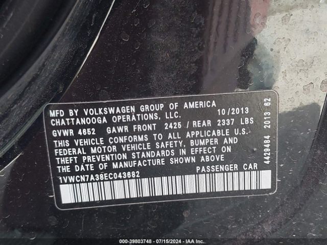 1VWCN7A38EC043682 Volkswagen Passat 2.0l Tdi Sel Premium