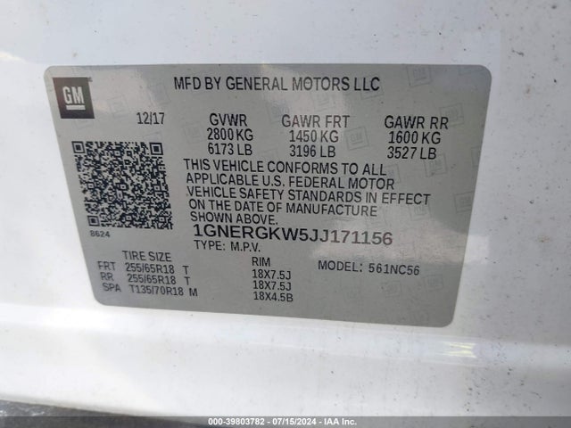 Chevrolet Traverse 1lt 2018 1GNERGKW5JJ171156 Image 9