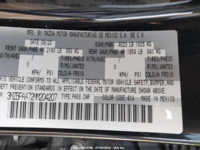 3MZBPAA72MM204207 Mazda Mazda3 2.0
