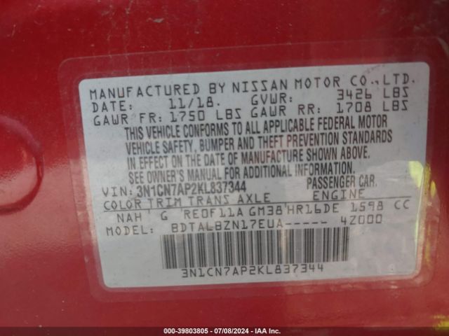 3N1CN7AP2KL837344 Nissan Versa 1.6 Sv