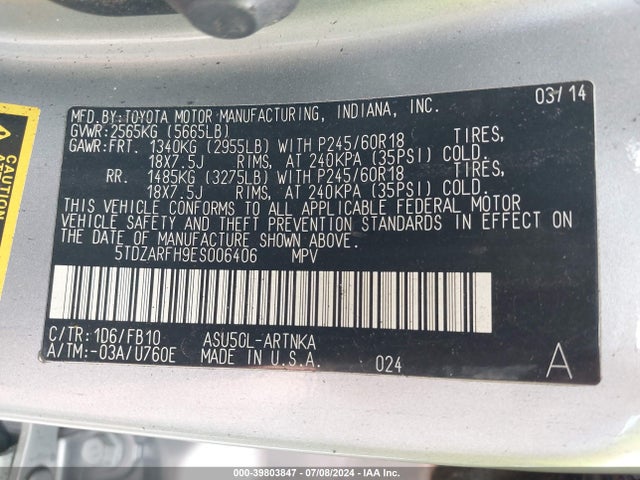 Toyota Highlander Le 2014 5TDZARFH9ES006406 Image 9