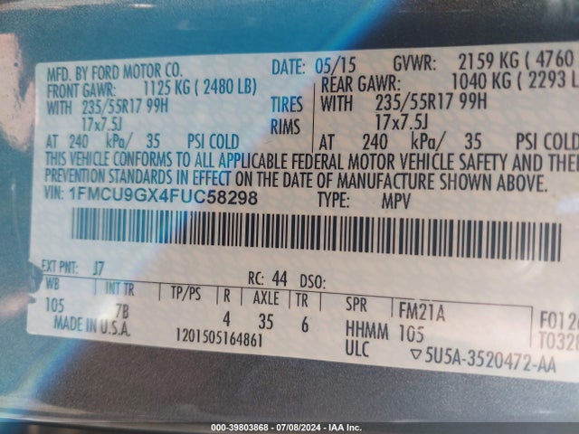 Ford ESCAPE SE 2015 1FMCU9GX4FUC58298 Image 9