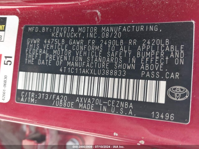 Toyota CAMRY LE 2020 4T1C11AKXLU388833 Image 9