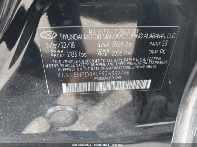 5NPD84LF9JH339796 Hyundai ELANTRA SEL