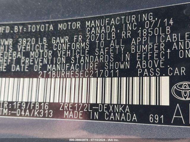 2T1BURHE5EC217011 Toyota Corolla Le Plus