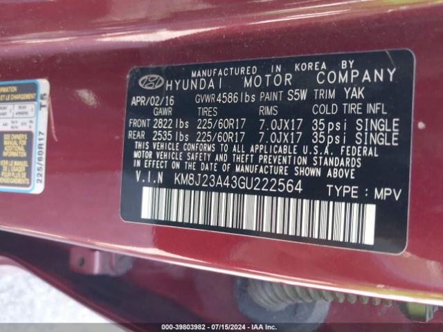 KM8J23A43GU222564 Hyundai TUCSON SE