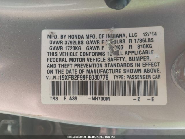 19XFB2F99FE030779 Honda Civic Ex-l