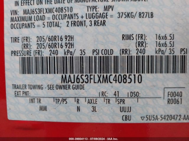 MAJ6S3FLXMC408510 Ford ECOSPORT S