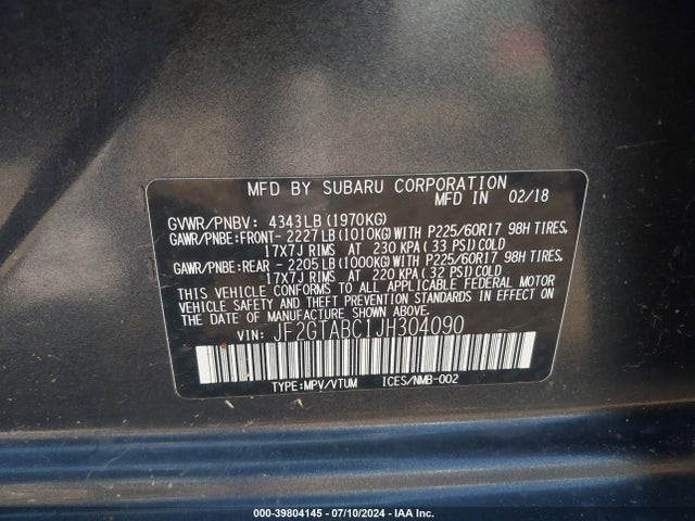 Subaru Crosstrek 2.0i Premium 2018 JF2GTABC1JH304090 Image 9