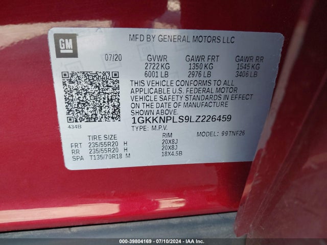 1GKKNPLS9LZ226459 GMC Acadia Fwd Denali