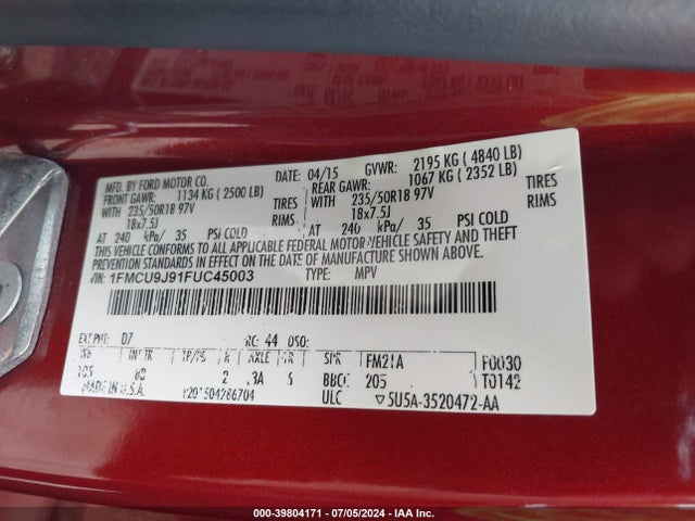 Ford Escape Titanium 2015 1FMCU9J91FUC45003 Image 9