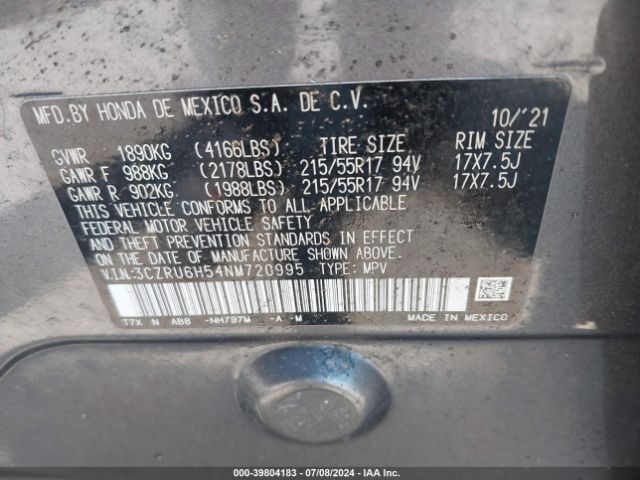 3CZRU6H54NM720995 Honda Hr-v Awd Ex