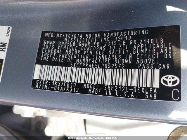 Toyota COROLLA LE 2020 5YFEPRAE5LP092572 Image 9