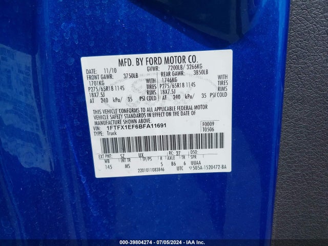 39804274 :رقم المزاد ، 1FTFX1EF6BFA11691 vin ، 2011 Ford F-150 Xlt مزاد بيع