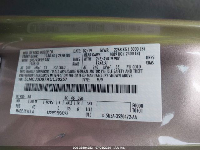 5LMCJ3D97KUL30257 Lincoln Mkc Reserve