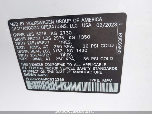 1V2FR2CA5PC532268 Volkswagen Atlas 3.6l V6 Sel Premium R-line
