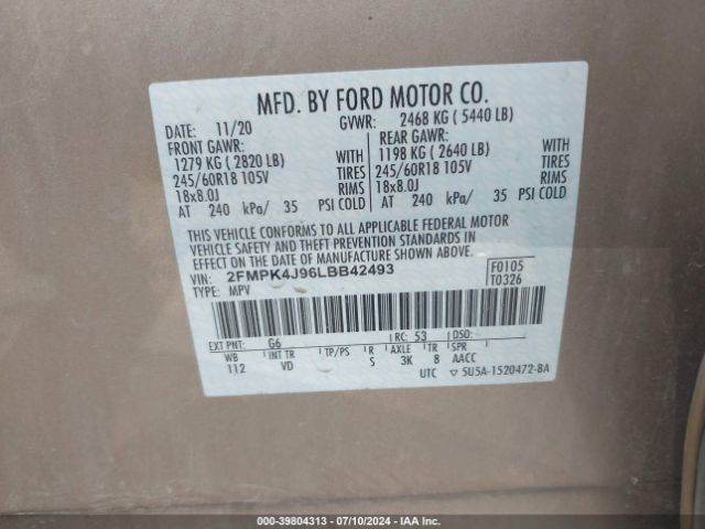 2FMPK4J96LBB42493 Ford EDGE SEL