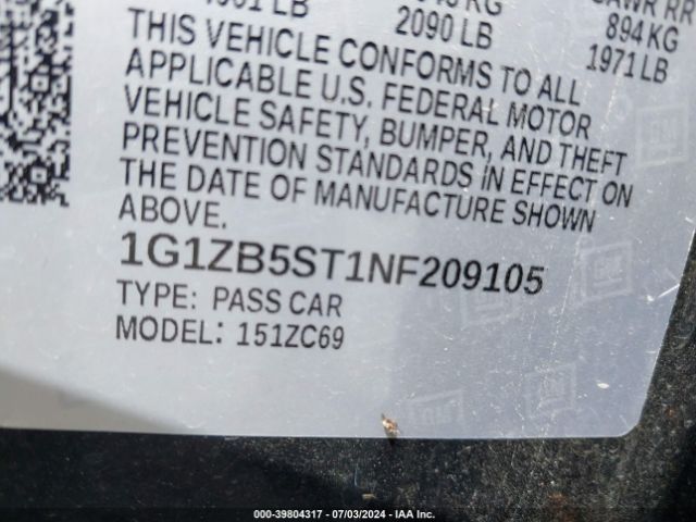 1G1ZB5ST1NF209105 Chevrolet Malibu Fwd Ls