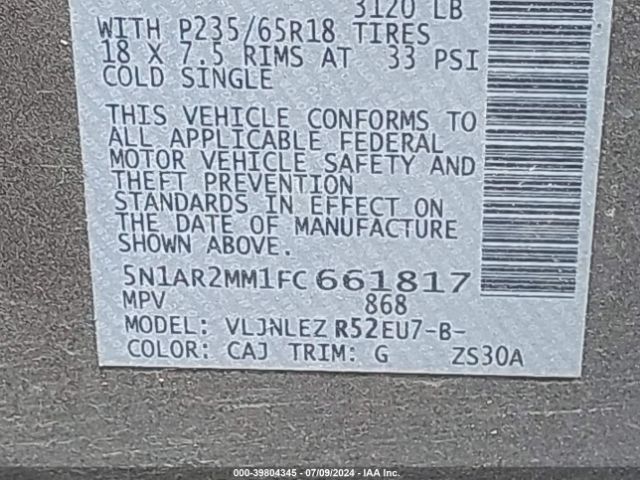 5N1AR2MM1FC661817 Nissan Pathfinder Platinum/s/sl/sv