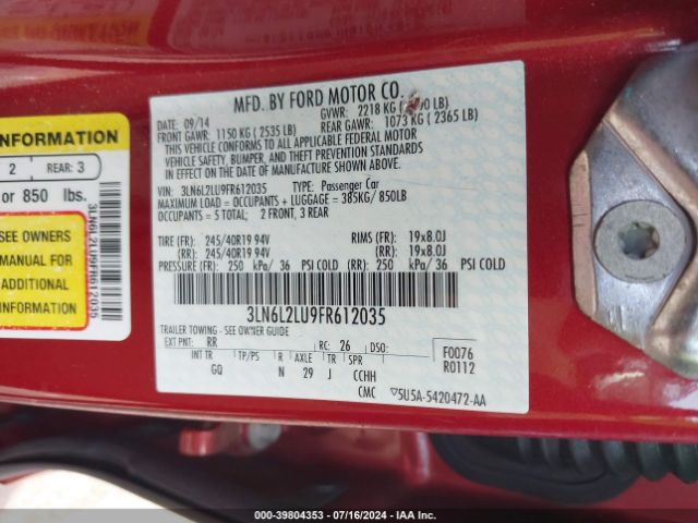 3LN6L2LU9FR612035 Lincoln MKZ HYBRID