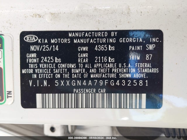 KIA OPTIMA EX 2015 5XXGN4A79FG432581 Image 9
