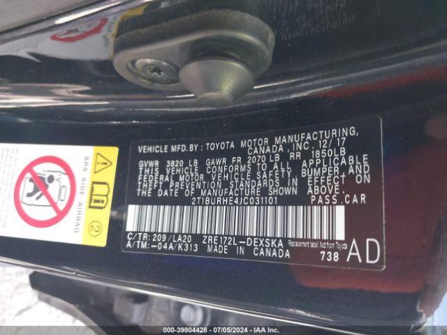 2T1BURHE4JC031101 Toyota Corolla Xse