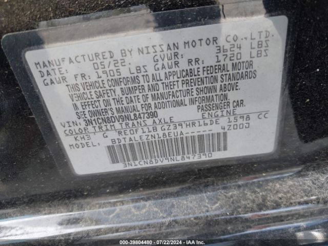 3N1CN8DV9NL847390 Nissan Versa 1.6 S Xtronic Cvt