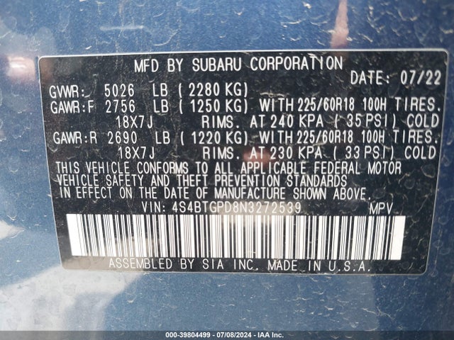 4S4BTGPD8N3272539 Subaru Outback Touring Xt