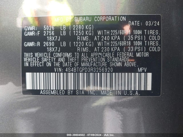 4S4BTGPD3R3256920 Subaru Outback Touring Xt