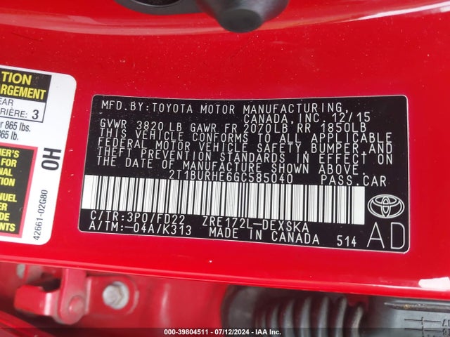 Toyota Corolla S W/special Edition Pkg 2016 2T1BURHE6GC585040 Image 9
