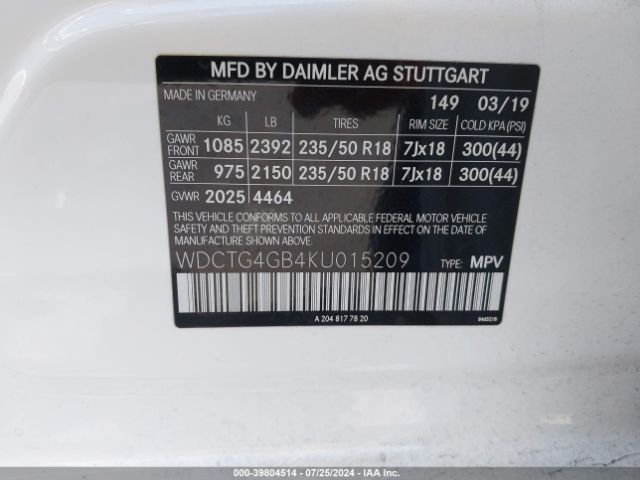 WDCTG4GB4KU015209 Mercedes-Benz Gla 250 4matic
