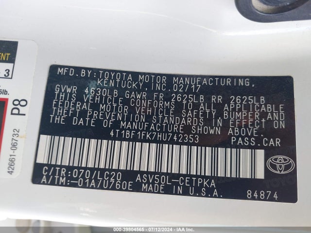 Toyota CAMRY XSE 2017 4T1BF1FK7HU742353 Image 9
