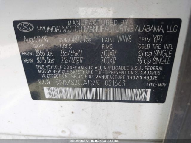 5NMS2CAD7KH021663 Hyundai Santa Fe Se