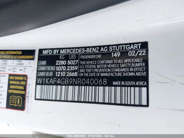 W1KAF4GB9NR040068 Mercedes-Benz C 300 Sedan