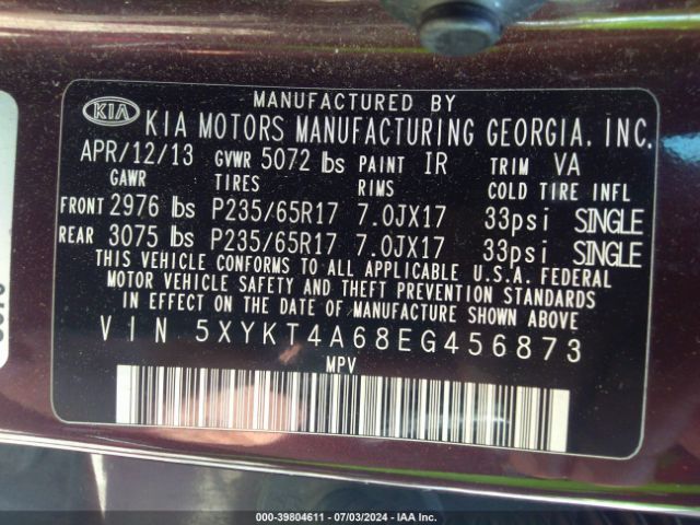 5XYKT4A68EG456873 KIA SORENTO LX